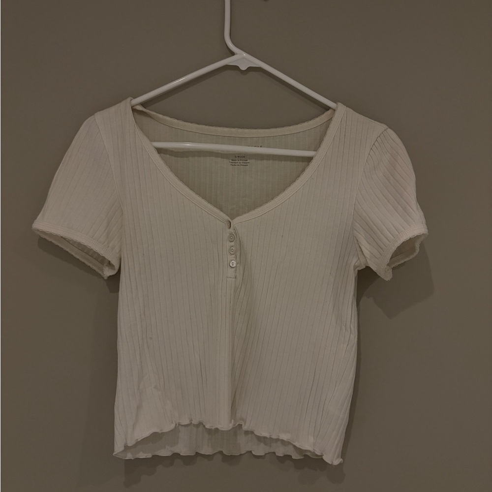American Eagle Outfitters Cream Ribbed Short Sleeve Tee